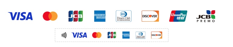 対応カードブランド: VISA, Mastercard, JCB, American Express, Diners Club, Discover, UnionPay, JCB PREMO（タッチ決済対応）